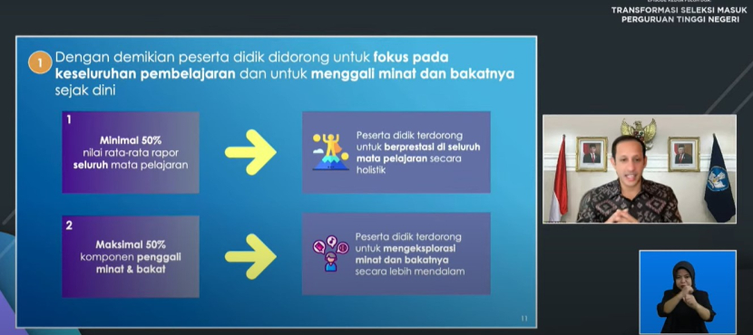 Mendikbudristek), Nadiem Anwar Makarim menyampaikan perubahan pola seleksi  SNMPTN menjadi Penilaian Prestasi  saat peluncuran Merdeka Belajar Episode Kedua Puluh Dua secara daring di Jakarta, Rabu (07/09/22).