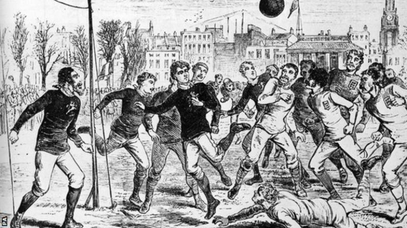Ilustrasi pertandingan sepak bola pada abad ke-19. (public domains)