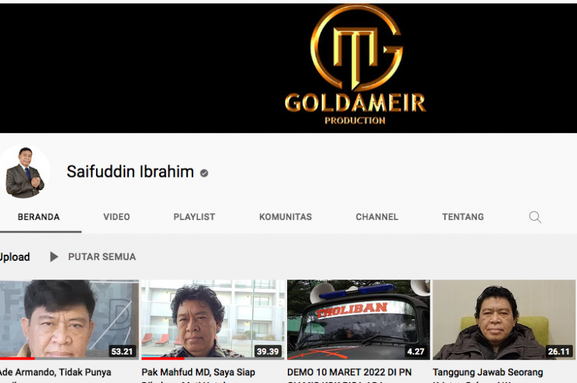 Akun Youtube Saifudin Ibrahim belum diblok.