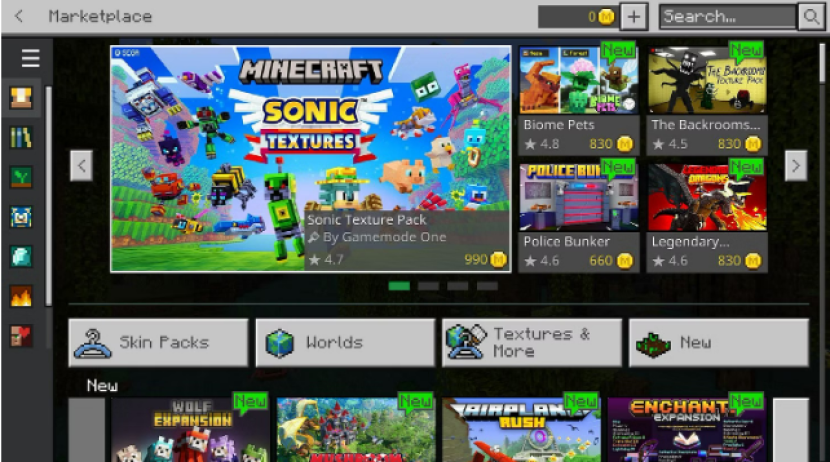 Minecraft Sonic Texture Pack. Kamu akan menemukannya dengan mudah di bagian atas halaman utama di marketplace. Foto: Sportskeeda