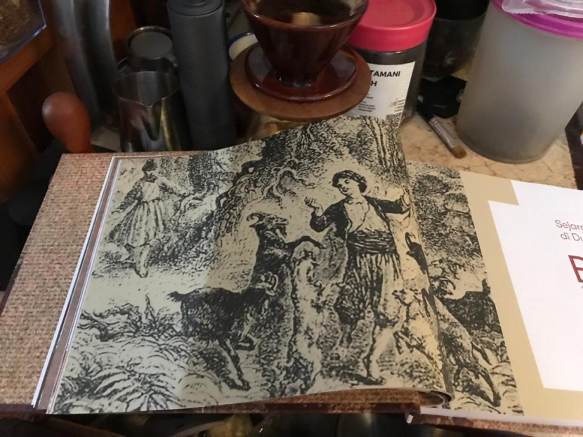 Ilustrasi Kaldi and The Dancing Goat dari buku Ekspedisi Republikopi. Cerita Kaldi dan kambing-kambingnya dipercaya sebagai pertama kali manusia mengenal kopi.