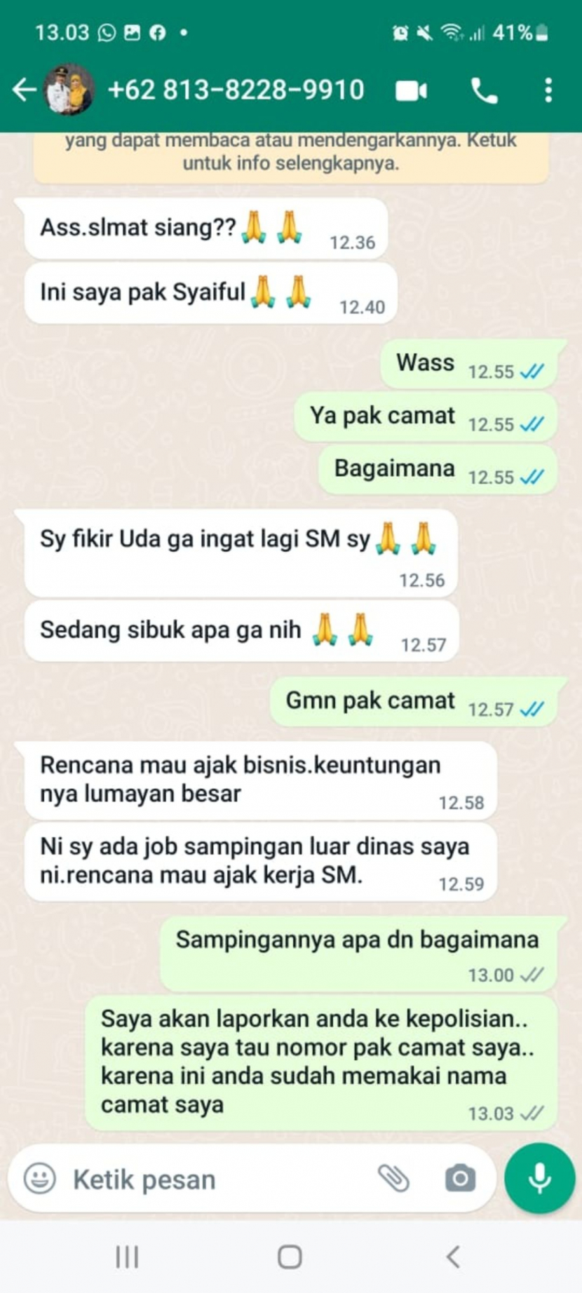 screenshot WA Camat Pancoran Mas Kota  Depok gadungan mengajak bisnis. Foto:  Istimewa