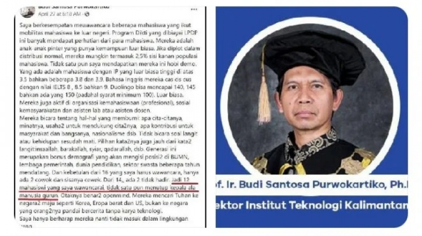 Rektor Institut Teknologi Kalimantan ( ITK) Prof Budi Santoso Purwokartiko panen hujatan tulisannya yang menyinggung pakaian penutup kepala mirip manusia gurun. Foto: tangkapan layar.