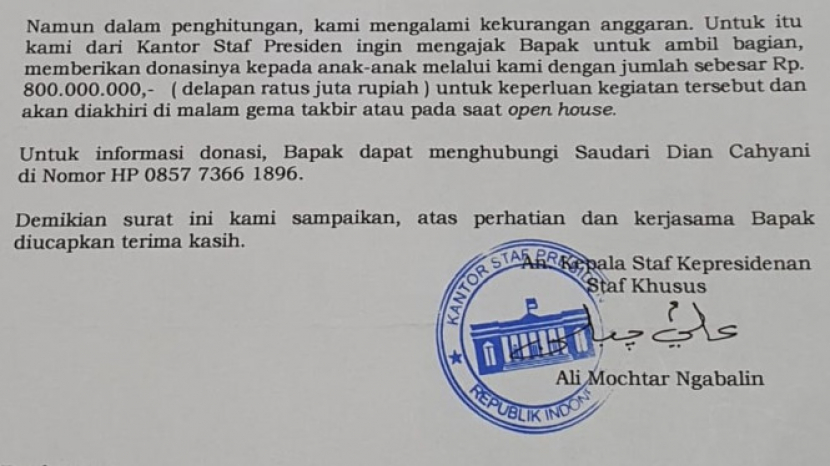Surat yang diduga mencatut Ali Mochtar Ngabalin minta sumbangan.