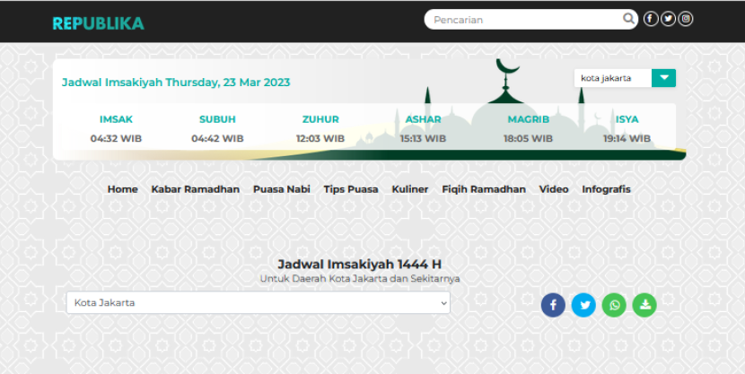 Jadwal Imsakiyah dan buka puasa 1 Ramadhan 1444 H/ Kamis, 23 Maret 2023.