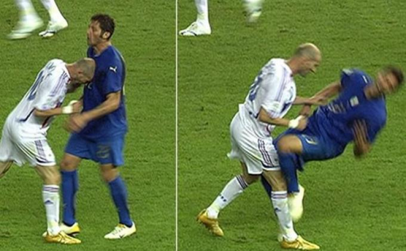 Tangkapan layar tandukan Zinadine Zidane setelah provokasi Marco Materazzi pada Piala Dunia 2006.