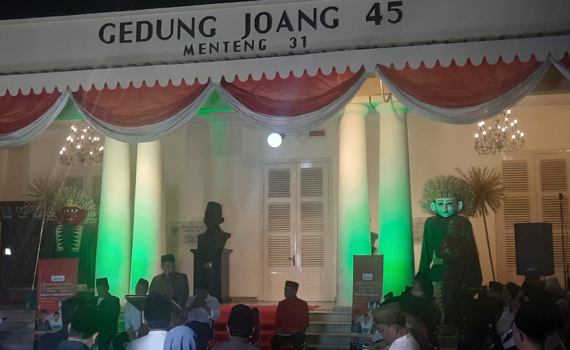 KH Said Aqil Siroj saat menyampaikan pidato kebudayaan di Gedung Joeang 45, Jakarta Pusat, Jumat (11/8/2023) malam.