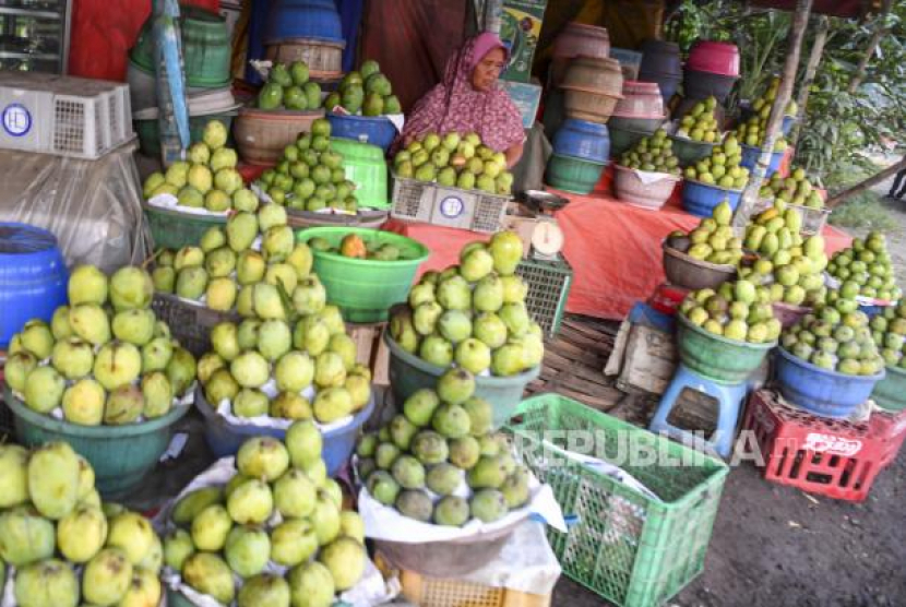 Pedagang buah mangga menunggu pembeli di Jalur Pantura, Indramayu, Jawa Barat. (Antara)
