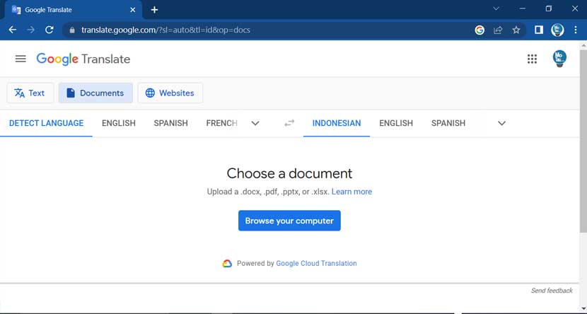 Fitur penerjemah dokumen di situs Google Translate. 