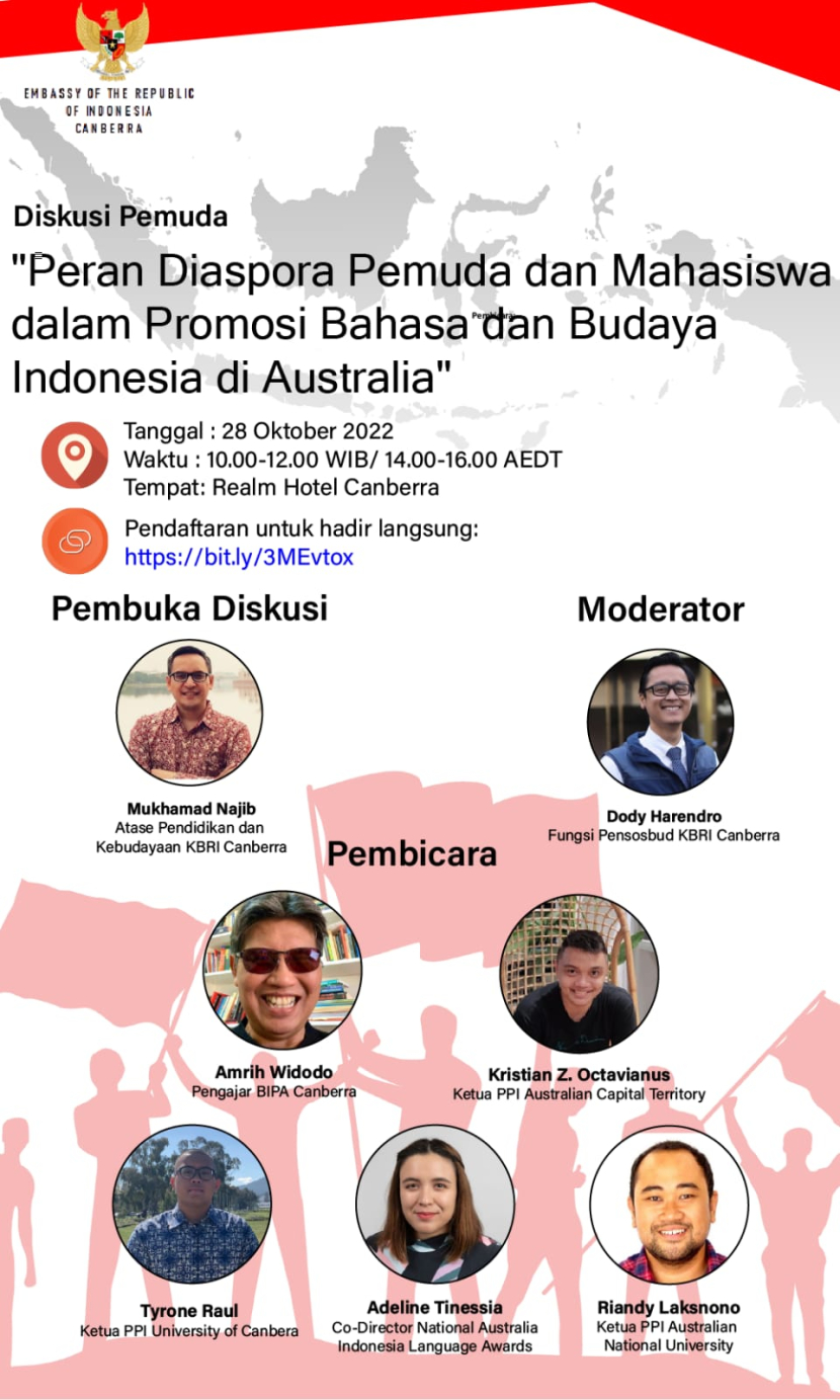 Kantor Atase Pendidikan dan Kebudayaan (Atdikbud) KBRI Canberra memperingati Hari Sumpah Pemuda yang ke-94 dengan menggelar diskusi pemuda, “Peran Diaspora Pemuda dan Mahasiswa dalam Promosi Bahasa dan Budaya Indonesia di Australia” pada Jumat (28/10/2022) di Real  Hotel Canberra. (Foto-foto: Dok KBRI Canberra)