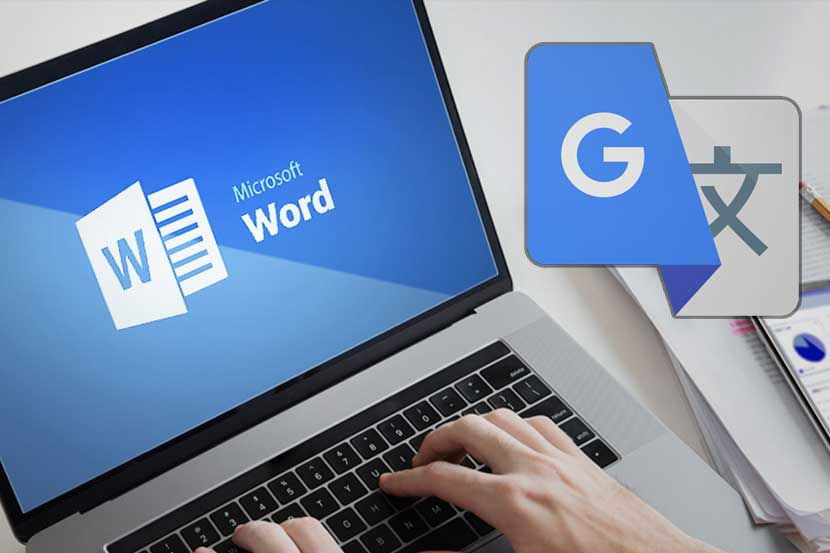 Gambar logo Microsoft Word di laptop dan Google Translate.