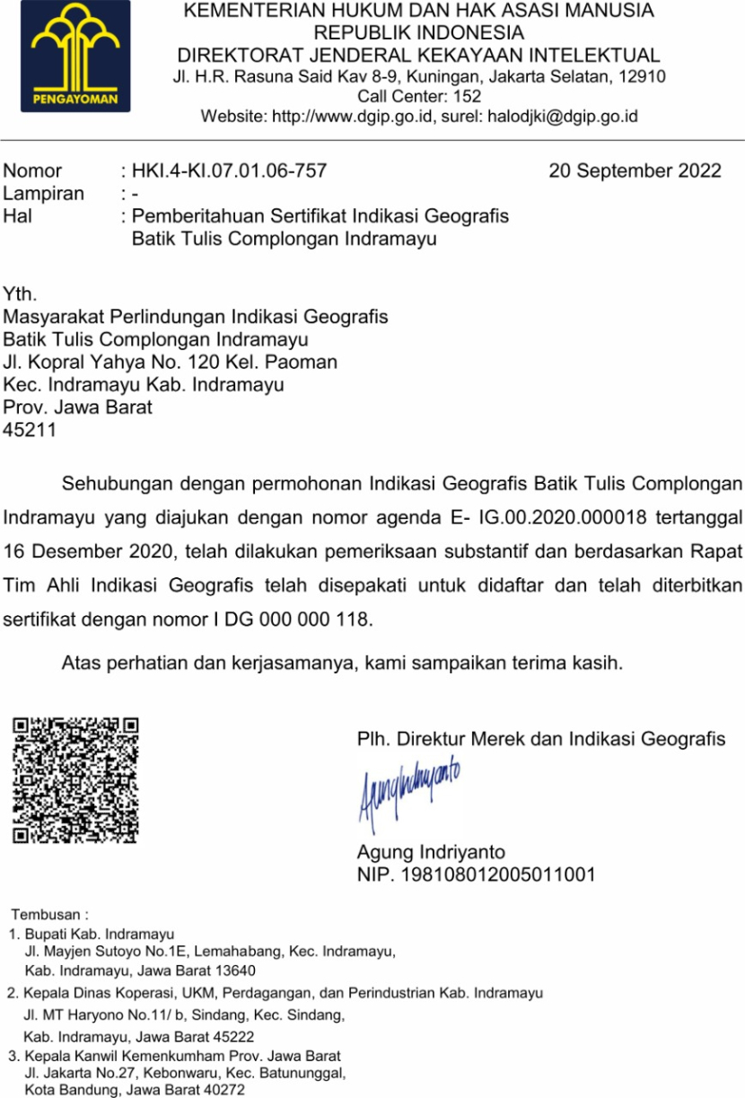 Surat Pemberitahuan  Sertifikat Indikasi Geografis Batik Tulis Complongan Indramayu. (Diskominfo Indramayu)