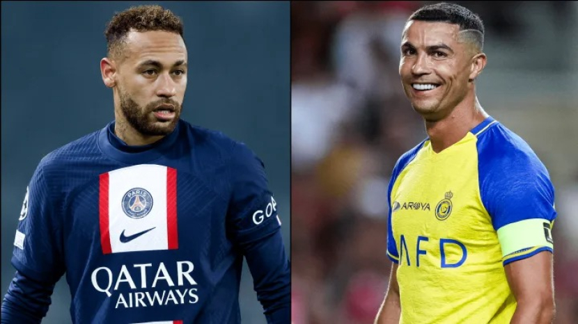Penyerang Paris Saint Germain, Neymar Jr (kiri). Bintang Al Nassr, Cristiano Ronaldo (kanan). Foto: 90min.com.