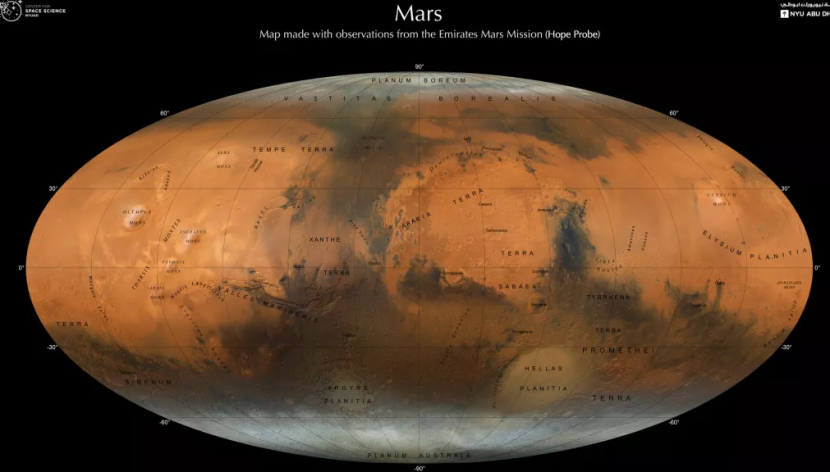 Misi Hope atau Al Amal Uni Emirat Arab yang mengorbit Mars pada orbit elips memberi pesawat ruang angkasa pemandangan unik. UEA akhirnya berhasil membuat peta Planet Merah yang menakjubkan. Gambar: NYU Abu Dhabi