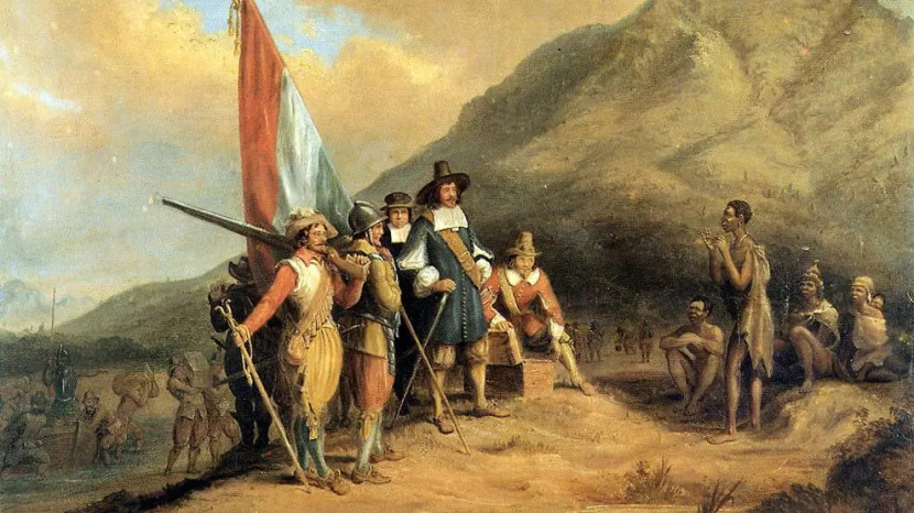 Lukisan pasukan Belanda di sebuah wilayah koloninya mengumpulkan penduduk lokal untuk dijadikan budak dan kemudian diperdagangkan ke seluruh dunia. Di mas alalu, Amstrerdam merupakan pusat perdagangan budak Internasional.