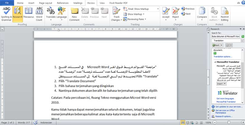 Menerjemahkan bahasa Indonesia ke bahasa Arab di Microsoft Word.