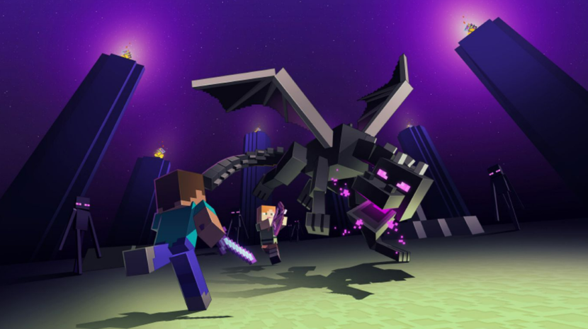 Tokoh Minecraft Steve sedang melawan Ender Dragon. Foto: Mojang/Microsoft