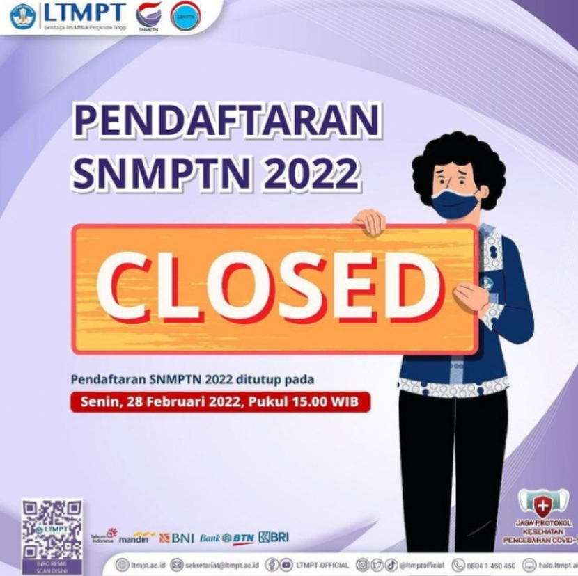 Lembaga Tes Masuk Perguruan Tinggi (LTMPT). resmi menutup Pendaftaran Seleksi Nasional Masuk Perguruan Tinggi Negeri (SNMPTN) 2022 pada Senin 28 Februari 2022 pukul 15.00 WIB.