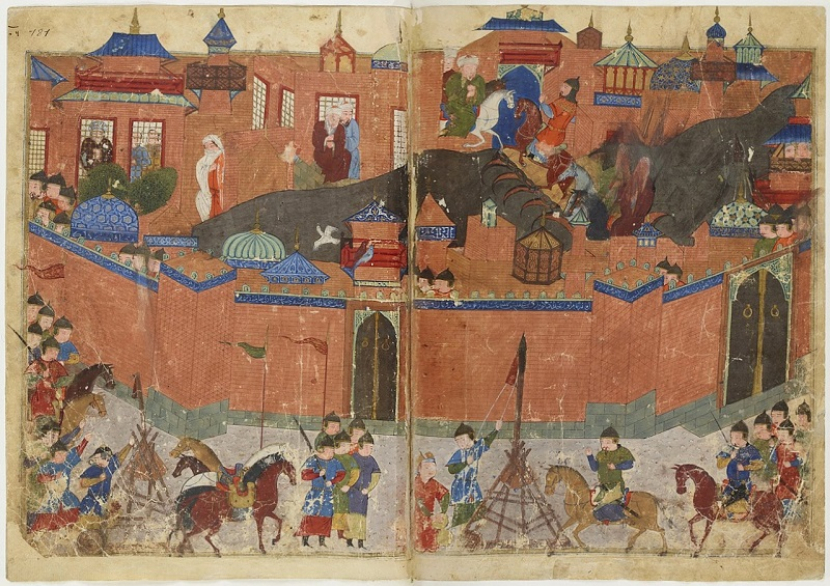 Ilustrasi penghancuran Baghdad oleh pasukan Hulagu Khan. (wikicommons)