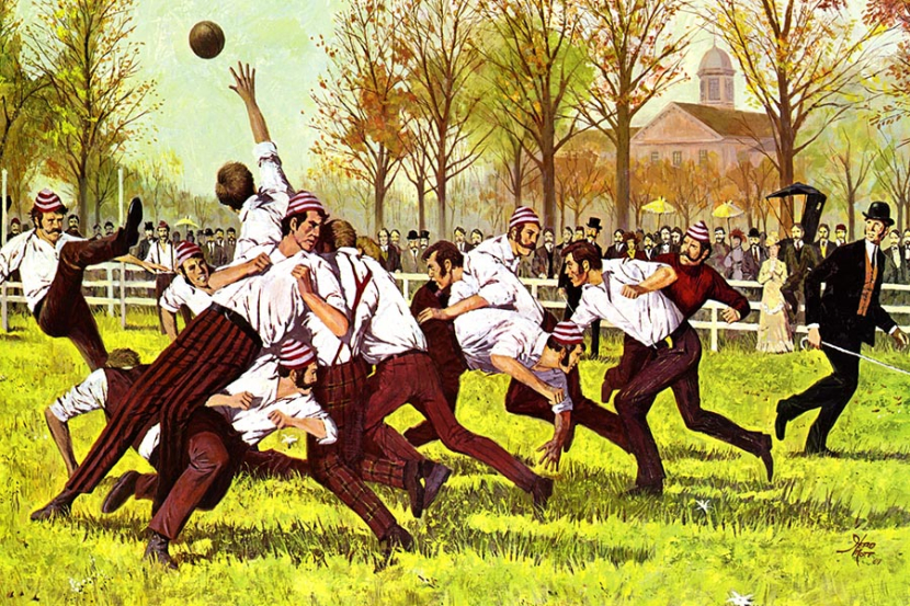 Ilustrasi pertandingan perdana sepak bola ala Amerika antara Universitas Rutgers melawan Universitas Princeton di New Jersey pada 6 November 1869. (Arsip Universitas Rutgers)