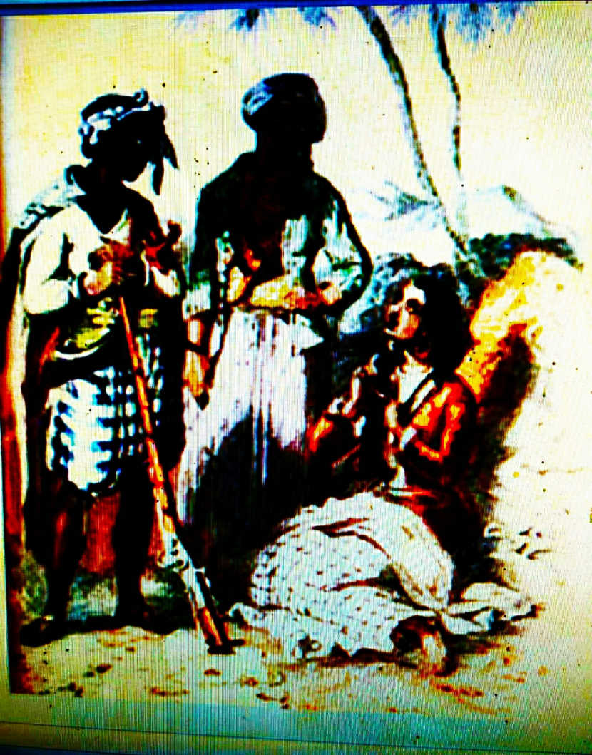 Lithography abad  XVI M: Tamoak dua pasukan Betawi bersenapan api lagi silaturahmi dengan seorang wanita Betawi