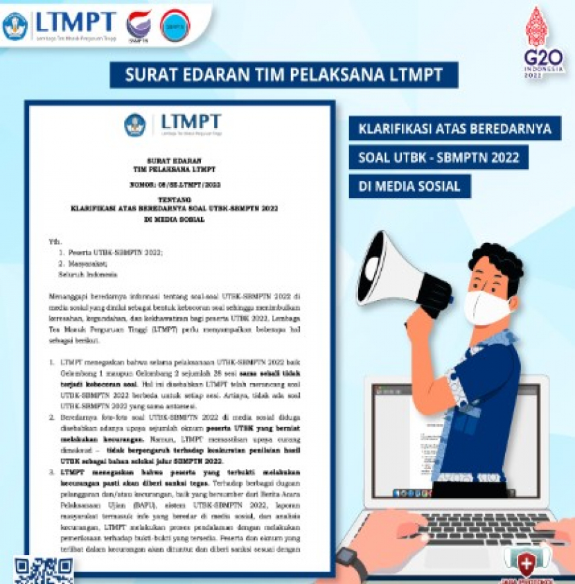   Tim Pelaksana LTMPTmengeluarkan surat edaran tentangklarifikasi atas beredarnya soal UTBK-SBMPTN 2022 di media sosial. Foto : ltmpt  