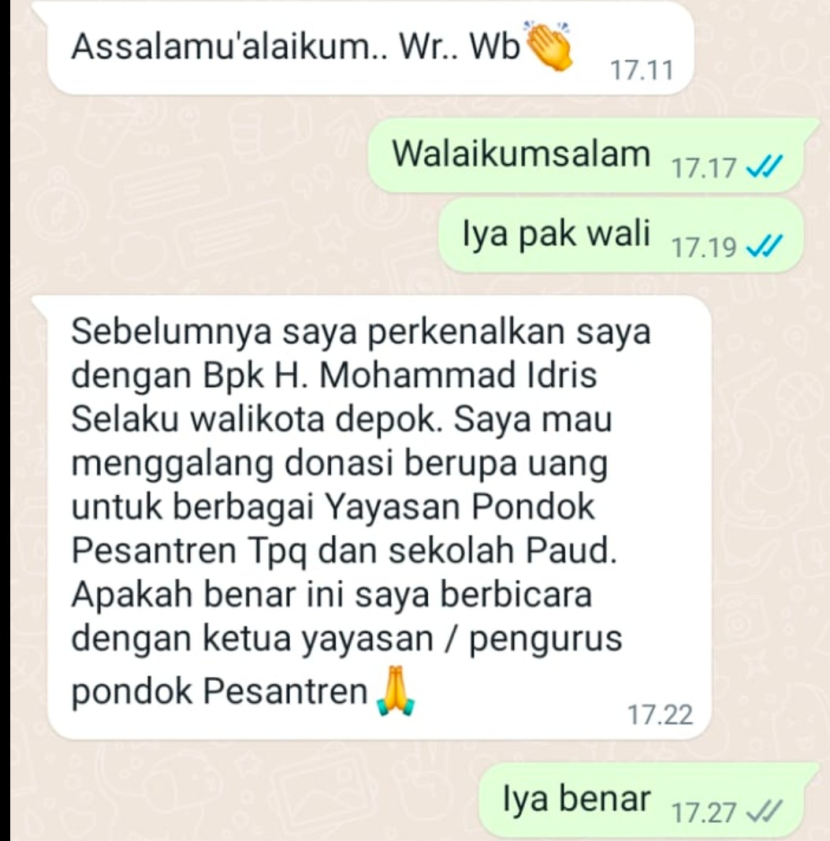 Nama Wali Kota Depok dicatut untuk aksi penipuan melalui WA. 