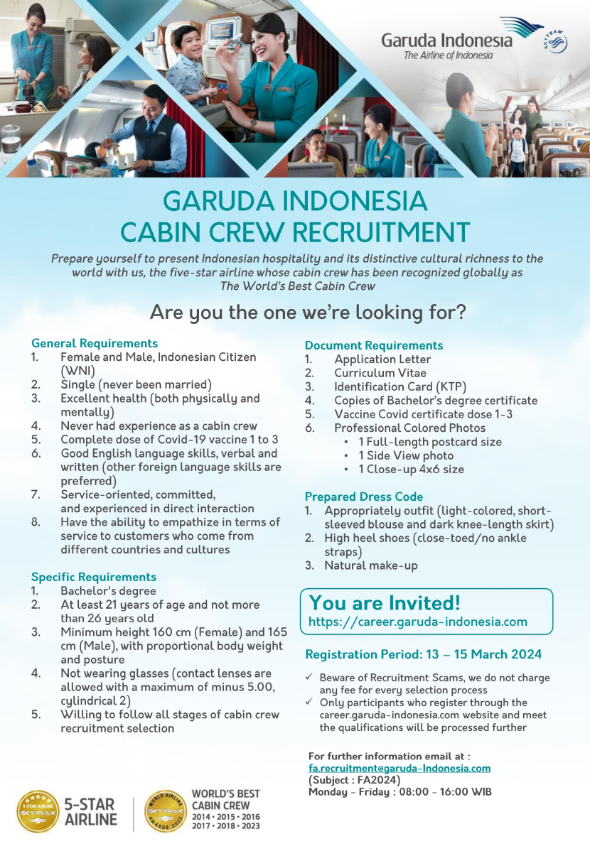 PT Garuda Indonesia Membuka Rekrutmen Cabin Crew 2024.