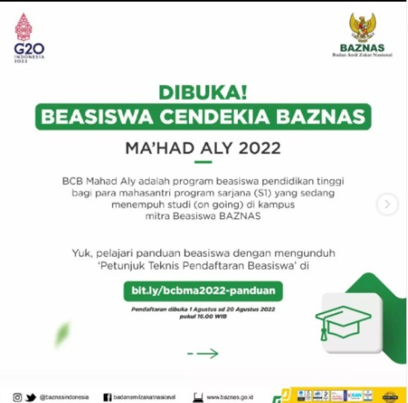 Pendaftaran Beasiswa Cendekia BAZNAS Mahad Aly dibuka 1 Agustus sampai 20 Agustus 2022. Foto : baznas
