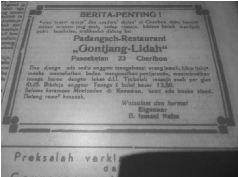 Arsip iklan di koran 'Minang Sisuak' mengenai asal usul warung makan Padang.