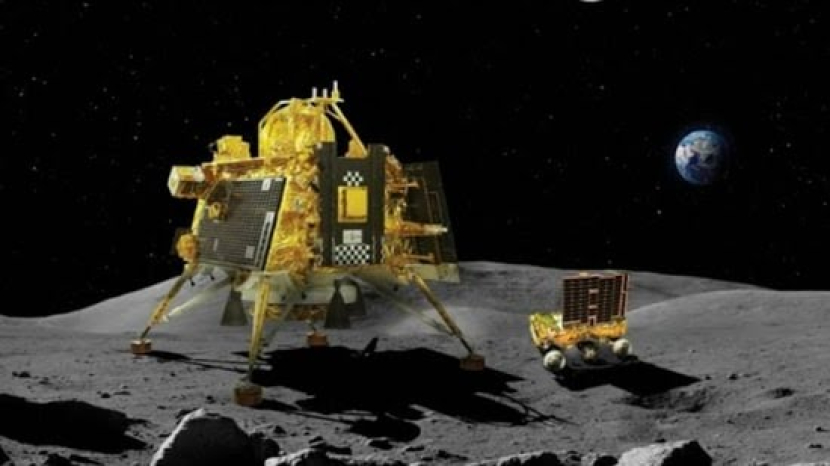 Ilustrasi pesawat antariksa India, Chandrayaan 3 saat mendarat di permukaan bulan. Gambar: ISRO