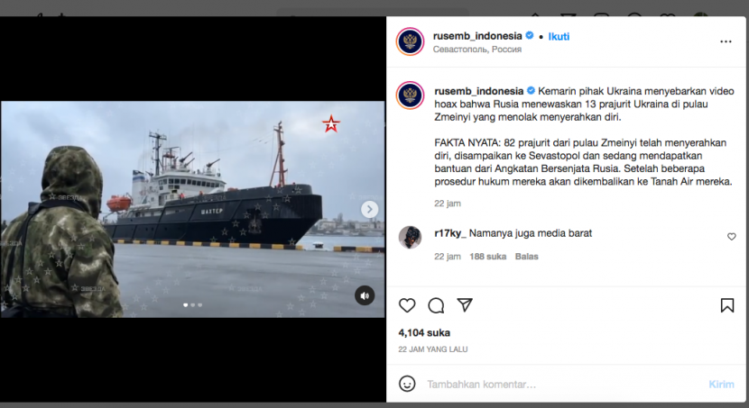 Unggahan di Instagram Kedubes Rusia yang mengklarifikasi kabar kapalnya mengebom kapal tentara Ukraina yang menyerah. (sumber: tangkapan layar IG)