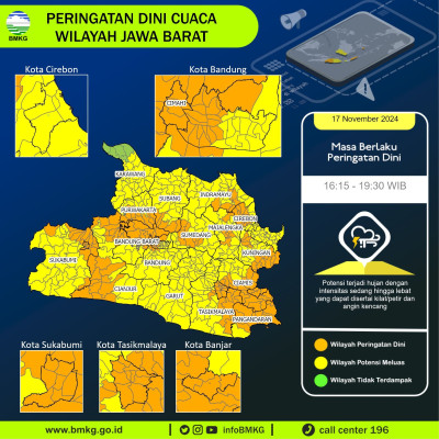 Prakiraan Cuaca Jabar Hari Ini 18 November 2024, Hujan di Bandung, Garut, Ciamis