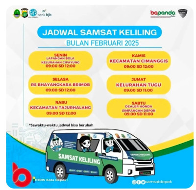 Ini Jadwal dan Lokasi Samsat Keliling di Depok Pada Februari 2025