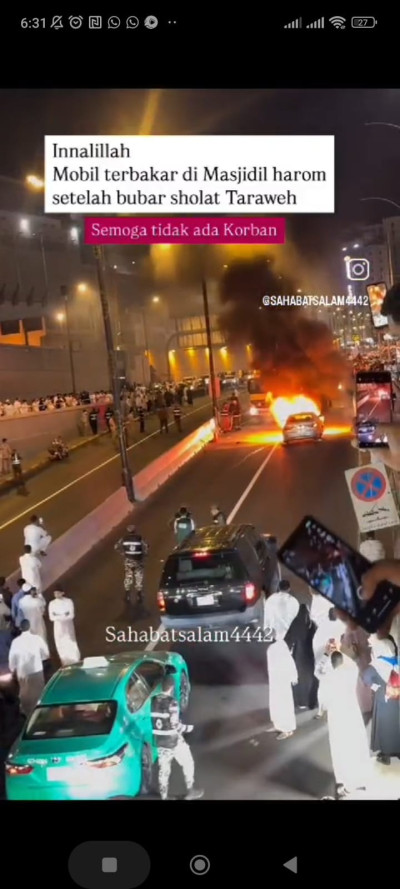 Mobil Terbakar di Dekat Masjidil Haram Usai Sholat Tarawih Malam Pertama Ramadhan 2025 Digelar